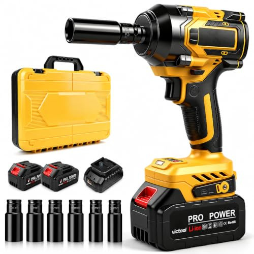VOBOR Pistola de Impacto Bateria Brushless 1/2 650Nm, 2800 RPM con 2x 4000m 21V Baterías, 6 Enchufes y Cargador Rápido, para Automoción y uso Doméstico