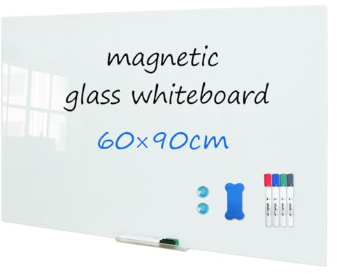 DEVELOP Magnetic Glass Whiteboard 90x60 - Large Wall Mounted Frameless Dry Erase White Board 90 x 60 (36x24 Inch) with Essential Accessories for Office, Home, Classroom