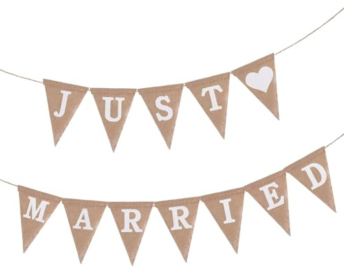 HJZHII Just Married Deko, Girlande Hochzeit, Boho Herz Just Married Girlande Aus Jute, Frauen Wimpelkette Hochzeits Banner Fotorequisiten für Brautdusche Hochzeitszeremonie Hochzeitsempfang