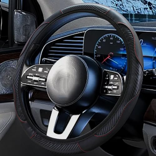 Universal Stretchable Steering Wheel Cover, Premium Leather & Carbon Fibre Style, Anti-Slip, Breathable & Sweat-Resistant, Fit 37-38cm/14.5-15inch Steering Wheel, Steering Wheel Protector Cover, Black