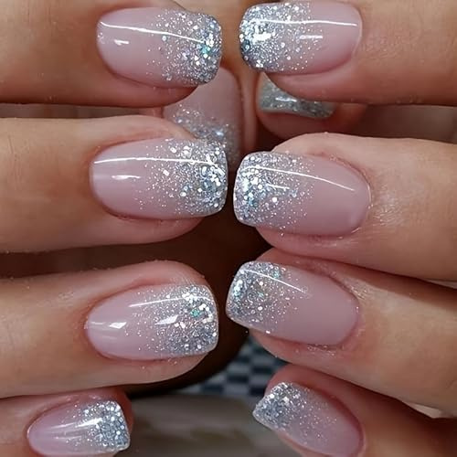 Glitzernde French Tips zum Aufkleben, kurze, quadratische, silberglitzernde Designs, vollflächig glänzende, wiederverwendbare Acryl-Kunstnägel zum Aufkleben für Frauen und Mädchen, 24 Stück