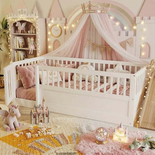 Duxelifin Kinderbett 90 x 200cm, Montessori Bodenbett aus Holz mit Gitter und Tür, Kinder Bettgestell mit Rausfallschutz, Niedriges Holzbett für Kinderzimmer, Jungen Mädchen, Weiß