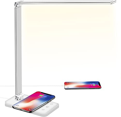 BIENSER LED Desk Lamp with Wireless Charging, USB Charging Port, 10 Brightness Levels, 5 Lighting Modes, Dimmable Eye-Caring Desk Lamps for Home Office, Touch Control, Auto Timer, 20W Adapter Included