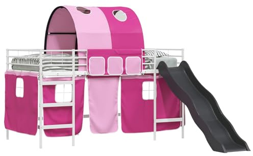 KKgypkn Loft-Bettenrahmen mit Vorhängen, Wölbung und Rutsche aus robustem Stahl für Kinderzimmer, 4er-Set inklusive Plattform-Lattenrost und atmungsaktiven Mesh-Vorhängen,