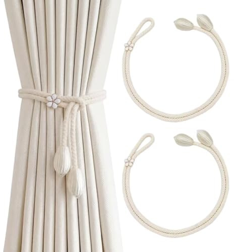 2Pcs Curtain Tiebacks, Cream White Cotton Rope Curtain Tie Backs, Flower Buckle/3D Flower Bud Pendant, Soft Wear-Resistant Decorative Curtain Holdbacks for Living Room Bedroom Office All Window Types