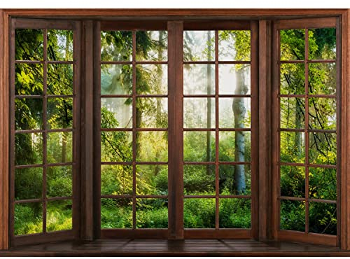 Runa Art Papel tapiz fotográfico bosque ventana 352 x 250 cm Lana Fondo De Pantalla XXL Moderna Decoración De Pared Sala Cuarto Oficina Salón verde marrón 9383011c