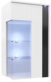 Hängevitrine Marokko 50/100 MR07, LED Beleuchtung, Vitrinenschrank, Dekorative Vitrine, Glasvitrine, Stauraumvitrine Hochschrank, Highboard Schrank (Weiß / Weiß Hochglanz + Schwarz Hochglanz, Rechts)