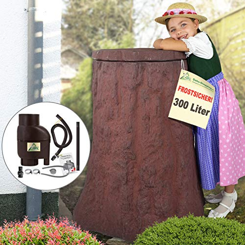 Regentonne, Regentonnen, Regenspeicher, Regenbehälter, Baum 300l braun mit Befüll- und Entnahme-Set braun FROSTSICHERES Regenfass Wassertonne mit Deckel und Wasserhahn DAS ORIGINAL!