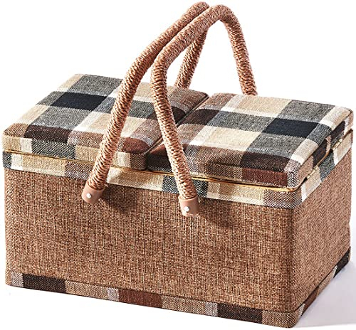 Kobolo Nähkästchen Nähkorb Nähkörbchen Nähkasten - beige kariert - Stoff - 29x19x16 cm
