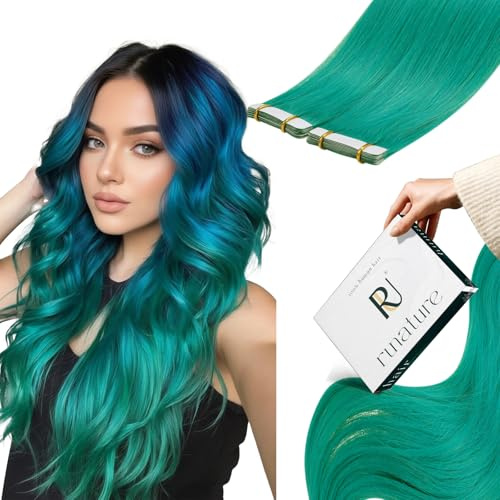 RUNATURE Tape in Extensions Echthaar Teal Tape in Haarverlängerung Echthaar Invisible Tape in Hair Extensions Human Hair 55cm 22 Zoll #Teal 25g 10 Stuck