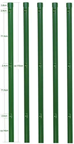 5 Zaunpfosten Ø 34 mm Zaunpfahl 1700mm lang als Pfosten für 1,5m hohen Metallzaun aus Maschendraht in grün RAL 6005. Zaunpfahl mit 3 Halter für Spanndraht und Pfosten Kappe.…
