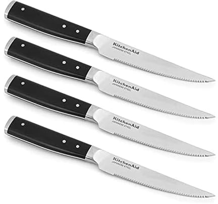 KitchenAid Gourmet 4 Piece Forged Triple Rivet Steak Knife Set, Japanese Steel, Sharp Kitchen Knife Set, 4.5 inch, Black