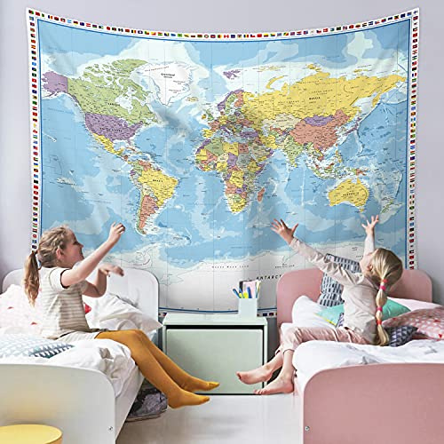 Stor världskarta gobeläng vägghängande gobeläng världskarta för barn pedagogisk gobeläng med landsflaggor världskarta för klassrumsdekor barnrum hem resor geografi studenter 152 x 203 cm