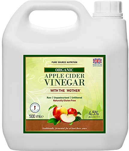 Organic Apple Cider Vinegar with The Mother 500ml Raw 100% Non-GMO Cloudy ACV Pure Cold Pressed Unrefined Unfiltered Unpasteurized 4.5% Acidity Vegan & Vegetarian Pure Source Nutrition