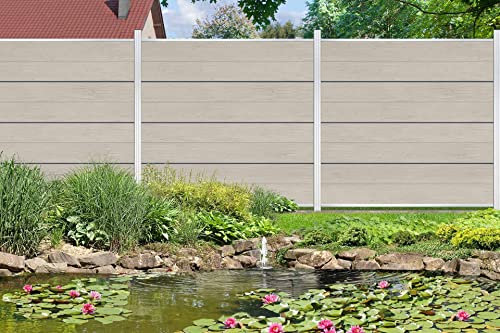 Gartenwelt Riegelsberger WPC Steckzaun Sichtschutz Zaun Gartenzaun Komplettset | 3 Zaunelemente 180x180 cm sand + 4 Pfosten silber | zum Festschrauben