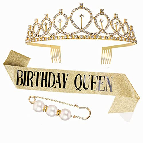 Geburtstags Krone Schärpe, Gold Kristall Geburtstagskrone Birthday Krone Tiara Crown Frauen Prinzessin Haar Zusätze Mädchen Geburtstag Tiara für Frauen Party Accessoires mit Perle Brosche