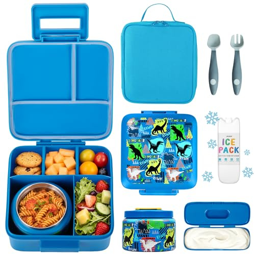 JXXM Bento Lunch Box for Kids With 8oz Soup thermo,Leak-proof Lunch Containers with 5 Compartment,thermo Food Jar and Lunch Bag, Food Containers for School (A-Blue(Dinosaur))