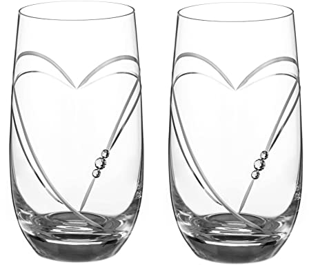 DIAMANTE Swarovski Crystals Hearts Premium Crystal Hand Cut Hi Ball Long Drink Cocktail or Gin Glasses - Set of 2 in Gift Packaging