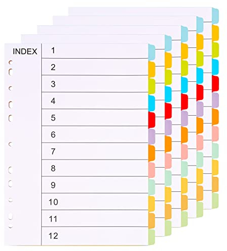 (5 Stück) Ordner Register A4 Ordner Trennblätter 12 Teil-12 Farben Trennblätter für Ordner A4 11 Löcher Gestanzt mit Digitalen Abdeckungen Ordner Register Index-(