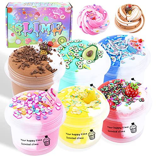 LAWOHO 6 Pack Butterschleim, zweifarbiges, Flauschiges Slime set für Mädchen & Jungen, weiches & antihaftbeschichtetes Spielzeug zum Stressabbau, Geschenkidee für Geburtstag Ostern Weihnachten Neujahr