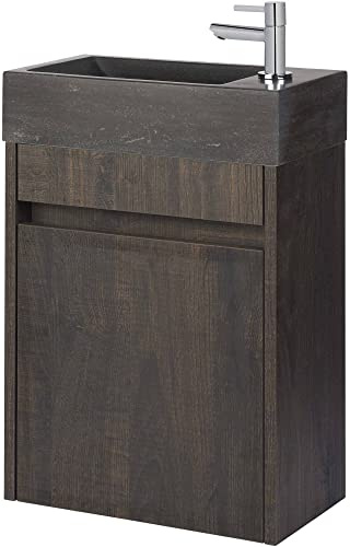 Saqu Florence Gäste WC Waschbecken mit Unterschrank Vormontiert - in Schlossbraun mit Natursteinwaschbecken und Chromhahn rechts - Kleines Gäste WC Bad Möbel mit Waschtisch
