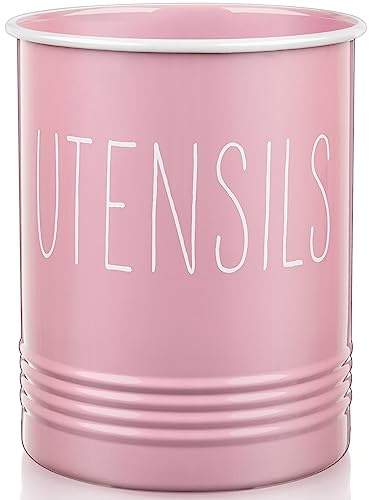 Bivvclaz Kitchen Utensil Holder - 6.7 Utensil Holder for Kitchen Counter - Cooking Utensil Crock with Cork Bottom - Pink Decor and Accessories - Utensil Storage Caddy Organizer