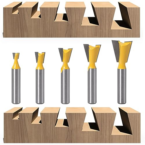 Slukueda 5 Stück 8 mm Schaft Schwalbenschwanz Fräser, 1/4 1/2 3/8 5/8 3/4 Schwalbenschwanz Fräser Bohrersets für Oberfräse Solid Wood
