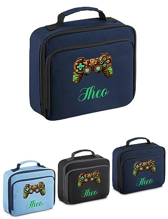 Personalised Lunch Bag Gaming Controller Box Boys Back to School Insulated Front Pocket Age 7 8 9 10 11 Name (Navy)