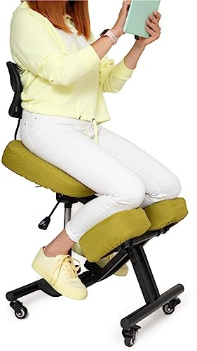 BLACK POINT Ergonomischer Kniestuhl aus Leinen O'KNEEL PRO für Zuhause und Büro. Ergonomischer Bürostuhl (Grüner Leinenbezug im Lieferumfang enthalten)