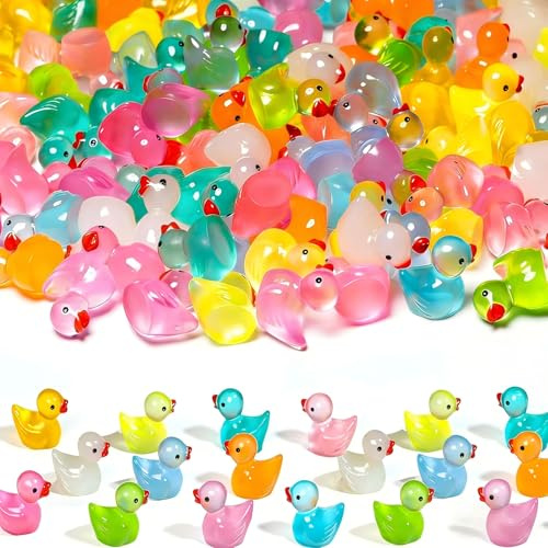 Mini Ducks 100 Pack Glow in the Dark Mini Resin Ducks 10 Colours | Cute Light Up Tiny Duck for Fish Tank Decorations, Aquarium, Fairy Garden, Dollhouse Landscape (1.8×1.2×1.5cm)