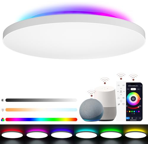 LUTW Dimbar LED-taklampa 24W 2400lm, Taklampa med RGB-bakgrundsbelysning, fjärrkontroll och app, kompatibel med Alexa och Google Assistant, Taklampa 2700K-6500K, Ø28CM