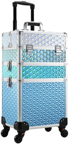 Adazzo 3-in-1 Professioneller Make-up-Trolley aus Aluminium mit 360° drehbaren Rädern für Makuep-Künstler, Kosmetikkoffer, Organizer mit Schloss und Schlüssel, Rautenmuster, Türkisfarbener Kontrast