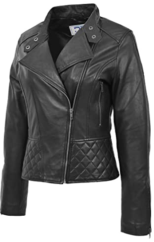 Lyra Damen Biker Lederjacke Steppjacke Schwarz, Schwarz , 42
