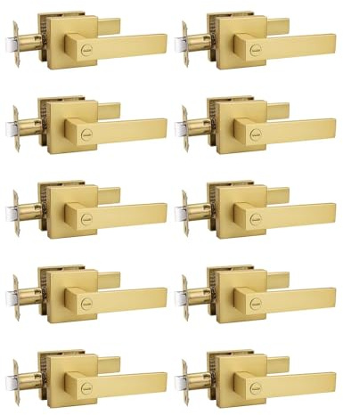 Tinewa 10 Pack Heavy Duty Gold Square Privacy Interior Door Levers, Satin Brass Finish, Bedroom and Bathroom Door Handles Keyless Bed/Bath Lockset