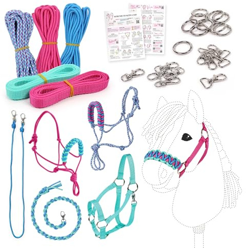 kullaloo DIY Hobby Pferdehalfter Kit ✦ Machen Sie Stick Pferdekopfhalsbänder, Seilhalfter & Zügel ✦ Inklusive Anleitung ✦ Aqua/Pink
