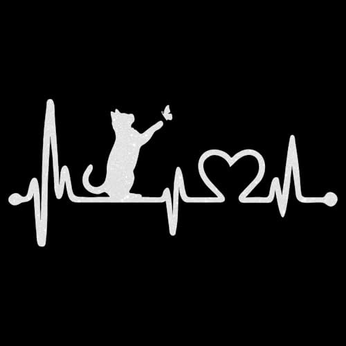 Glitzerdeals Bügelbilder Glitzer Katze auf Herzline EKG Katzen weiß Aufbügler für Textilien Karneval Kostüm Katzen Bügelflicken Katze Fasching Patch zum Aufbügeln Katzen