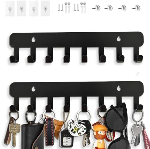 Echehi 2pcs Key Hooks Self Adhesive, Key Holder for Wall with 8 Hooks to Hang Keyrings, Coat, Umbrella, Sunglasses, Jewelry Necklaces