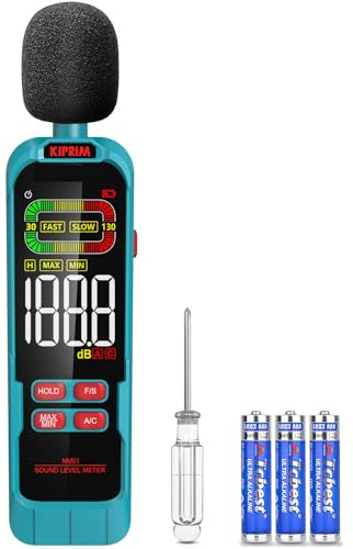 Kiprim NM01 Dezibel Messgerät mit Max./Min.-Wert Aufzeichnung Lautstärke Messgerät Schallpegelmessgerät DB Messgerät mit A/C-Wichtung und hintergrundbeleuchtetem LCD-Bildschirm – inklusive Tragetasche