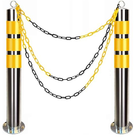 Stück Poller für Einfahrten mit 5 m Absperrkette, Straßeneinfahrtschutz mit reflektierenden Kragen und Sockel, Sicherheitskegel (800 mm H x 76 mm T (31,5 Zoll H x 3 Zoll T)) (650 mm H x 76 mm T (25,6