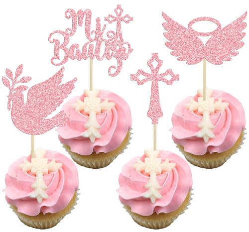 Gyufise 24Pcs God Bless Mi Bautizo Cupcake Toppers Glitter Dove Cross Baptism Cupcake Picks for Religious God Bless Baptism Theme Baby Shower Kids Birthday Party Decorations Supplies Pink
