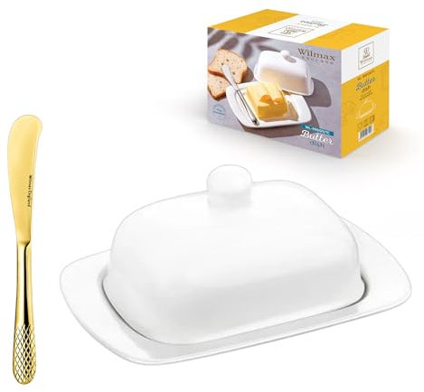 Wilmax Beurrier blanc + 1 couteau doré - Beurrier en céramique - Pour tous les services de table, le quotidien, les fêtes - Pour servir et conserver le beurre - Lavable au lave-vaisselle - Porcelaine