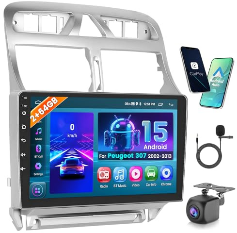 Radio Coche para Peugeot 307 307SW 307CC 2002-2013 CarPlay Android Auto | 9 Pantalla 2+64G Auto Radio con Android 15 Navegación Cámara de Retroceso Bluetooth WIFI GPS Mirror Link Manos Libres
