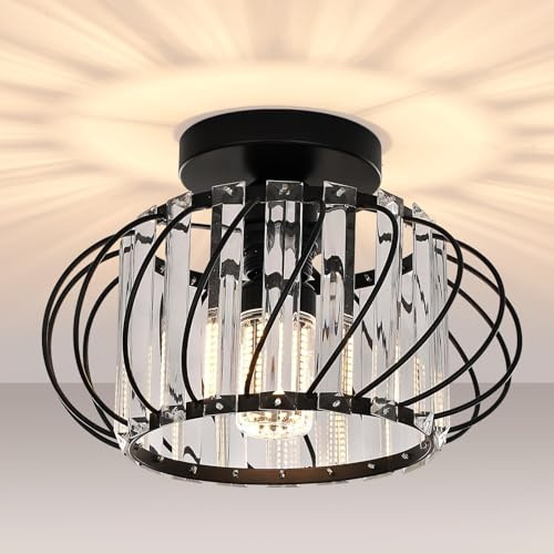 FRIDEKO HOME Taklampa svart kristallkrona, modern taklampa i metall rund lampskärm E27 taklampa för sovrum vardagsrum kök hall, Ø 28 cm