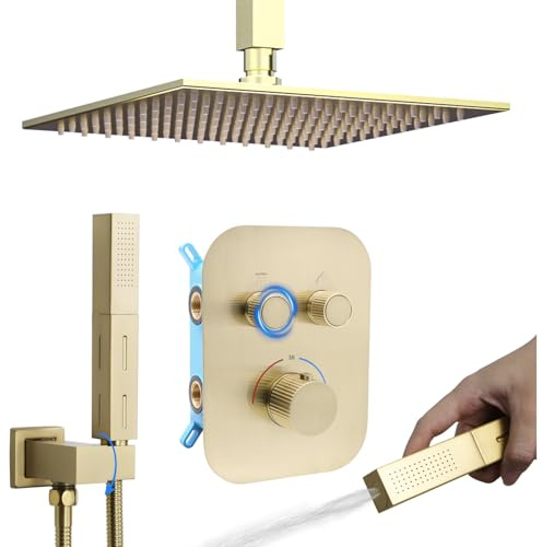 Delnet Thermostatic Shower System with 10 Rain Shower Head - Dual Simultaneous Use, Adjustable Flow, Brushed Gold