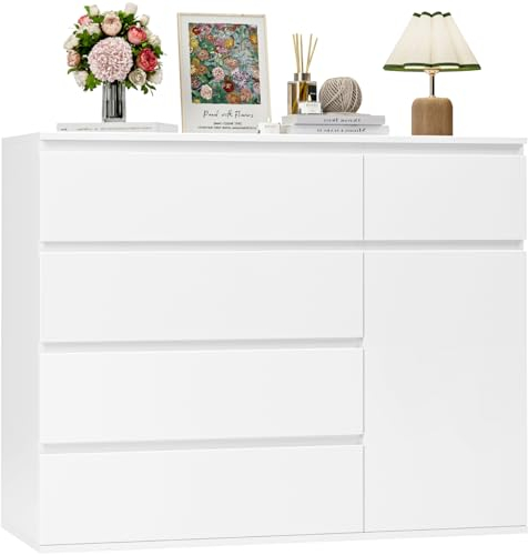 FOREHILL Bedroom Chest of Drawers White Chest of Drawers with 5 Drawers 1 Door Large Storage Cabinet Dresser Wide Sideboard for Living Room Hallway 100x40x80cm