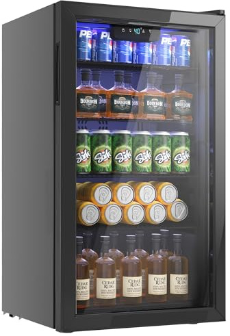 Icyglee - Refrigerador y enfriador de bebidas, mini nevera de 126 latas con puerta de plástico, enfriador de bebidas con visualización digital de temperatura y estantes ajustables para cerveza soda o