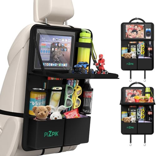 Plzpik Car Seat Organiser with Tablet Holder,11 Storage Pockets with Foldable Food Tray, Protector Kick Mats for Kids, Travel Accessories Organiser (Black, 1Pack)