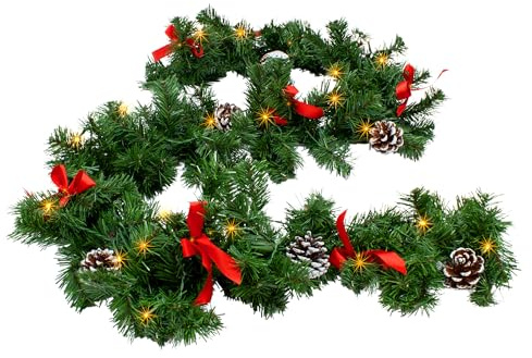 LED Tannengirlande grün mit Zapfen und Schleifen | Warm weiß beleuchtet, 183 cm mit 35 LED, Batterie betrieben mit Timer, Weihnachtsdeko, Kunst Tanne