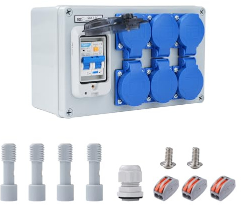 Distributeur d'alimentation Buyweek avec protection contre les fuites RCD 50 A 1P + N, boîtier de distribution mural avec interrupteur FI et prises Schuko, étanche IP54(6-Way)