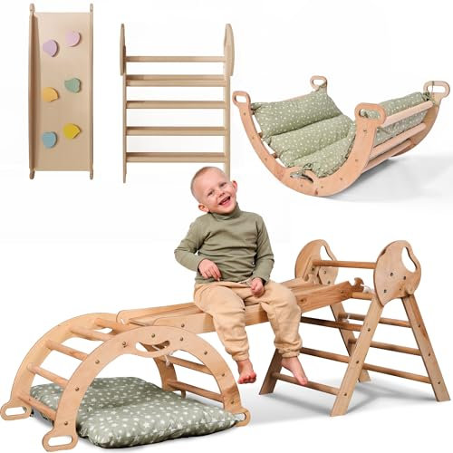 Goodevas 5-in-1 Montessori Klettergerüst Set: Indoor Kletterdreieck, Kletterbogen mit Kissen, und Rutsche für Kinder, Indoor Spielplatz 1-3 Jahre